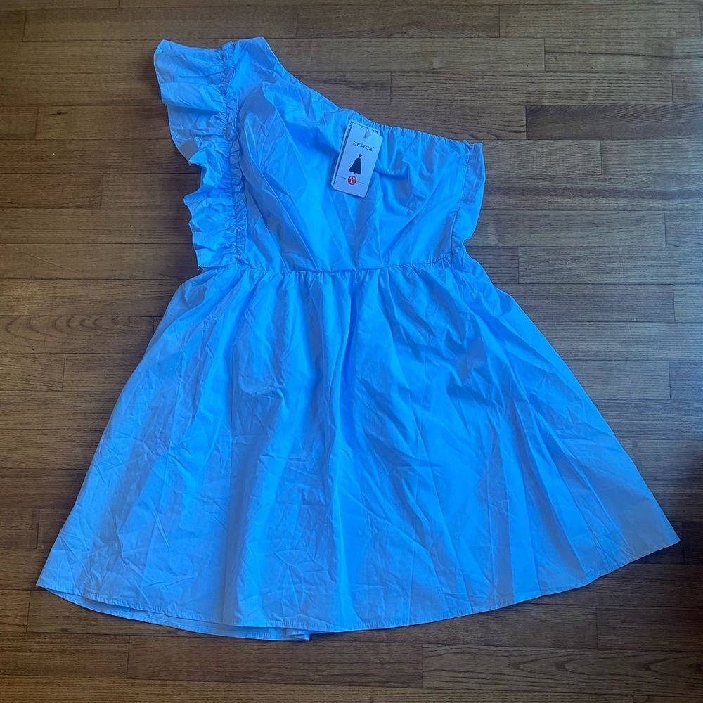 Zesica light blue dress Women’s size L one shoulder  asymmetrical ruffles party - Picture 2 of 11
